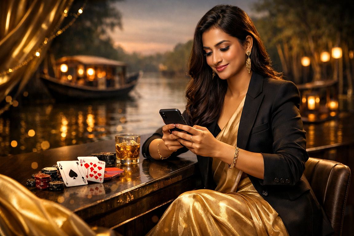 সুন্দরবন এলাকায় শাড়ি পরে একজন ব্যবহারকারী মোবাইলে রামি গেম খেলছেন